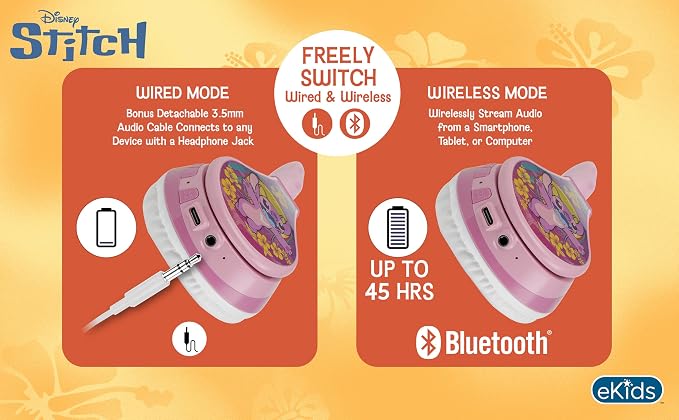Disney Stitch Angel Bluetooth Headphones for Kids, Wireless Headphones for School, Home, or Travel (Angel)