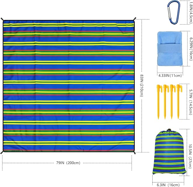 WIWIGO Beach Blanket Waterproof Sandproof Beach Mat 79" X 83"/10'x9'for 2-8 Adults Quick Drying Outdoor Picnic Mat Beach Accessories for Travel, Camping, Hiking