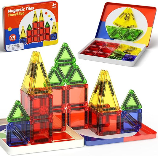 WMXDU Mini Magnetic Tiles with Iron Case, Magnetic Building Toys Kid's Travel Essential Portable Creativity On-The-Go Magnet Blocks STEM Travel Toys for Toddler Boys Girls Ages 3+, 26-Piece