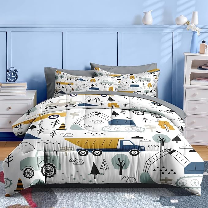 Nesker 5 Pcs Comforter Set Twin Size, Cute Cars Truck Tractor Bedding for Kids Teen, Cargo Crane Bulldozer Excavator Bed Sheet with Pillowcase & Sham