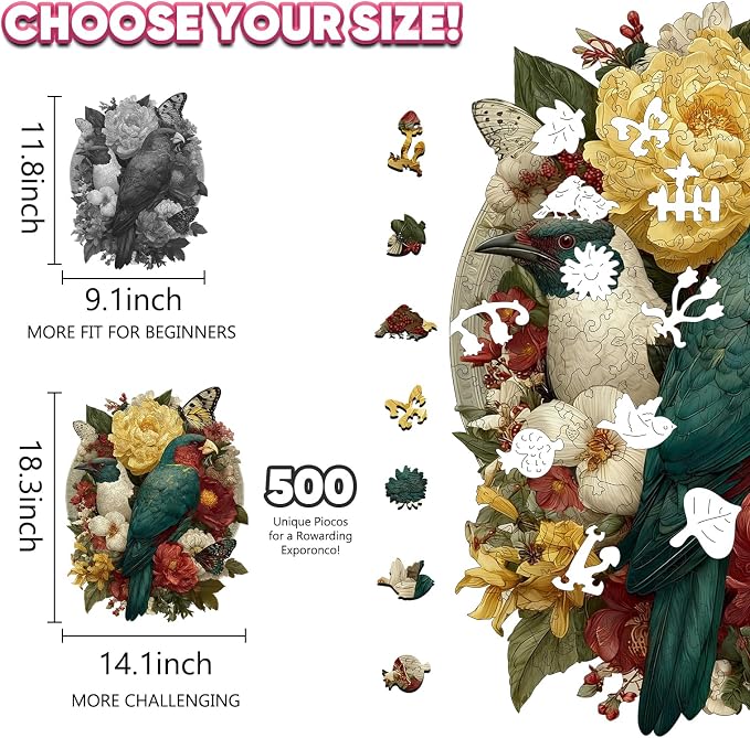 Leodozzio Nature Birds Wooden Jigsaw Puzzles 500 Pieces, Stained Glass Puzzle, 5MM Thick Unique Shaped Bird Flower Wooden Puzzle for Adults, Nautical Art Gift, Family Game, 14.1x18.3 Inch