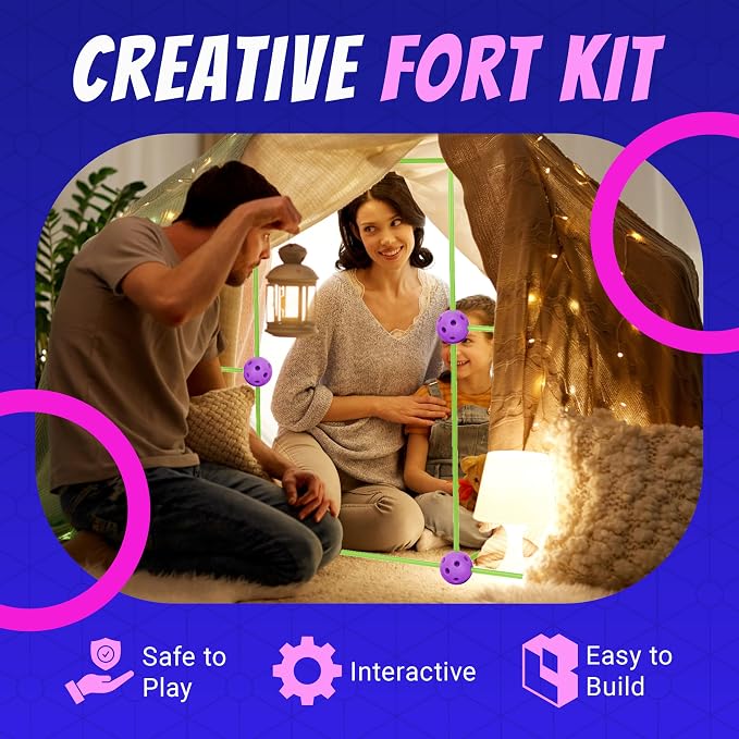 Playbees Fort Building Kit – 140 PCS STEM Toy for Kids Ages 4-12 – Build Tents, Castles & Rockets – Includes Rods, Connectors, 2 Blankets & Flashlight – Creative Building Set & Great Gift