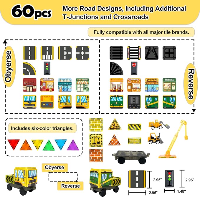 Drofex Magnetic Tiles Road Set with 2pcs Magnetic Crane, Creative Construction Toys for Kids Ages 3-12, Boys & Girls, Engineering Themed Magnetic Building Blocks