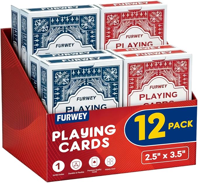 FURWEY Playing Cards 12 Pack,Standard Index,Red and Blue Backs,Large Digital Printing is Easy to Read,Blackjack，Euchre, Canasta Card Game, Poker Cards（Red/Blue）