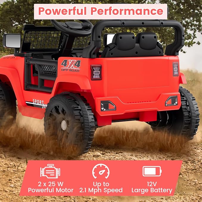 OLAKIDS 12V Ride On Truck, Battery Powered Electric Vehicle for Kids with Remote Control, Foldable Reflective Mirror, Spring Suspension, Music, LED Lights, Ride on Toy for 3+ Boys Girls (Red)