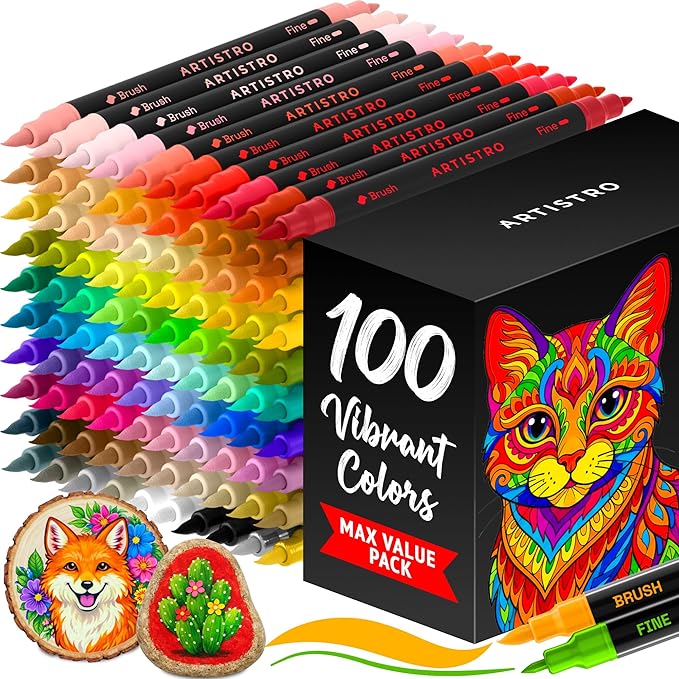 ARTISTRO 100 Acrylic Paint Markers - Paint Pens for Glass Marking, Rock Painting, Ceramic, Wood, Fabric, DIY, Craft, Canvas - Art and Craft Supplies for Adults, Teens, Kids (Brush + Fine Tips)