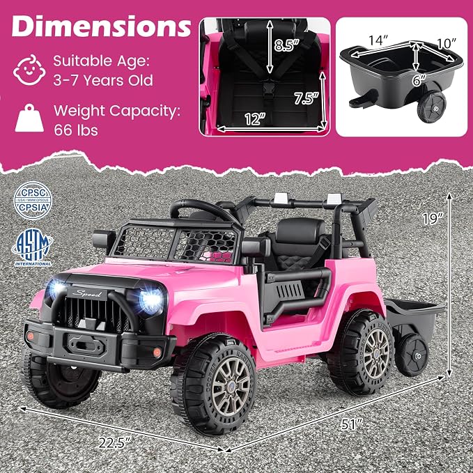 Costzon Ride on Car with Detachable Trailer, 12V Battery Powered Ride on Truck with Parent Remote Control, Light & Music, Electric Vehicle Kids Car Toy for Boys & Girls (Pink)