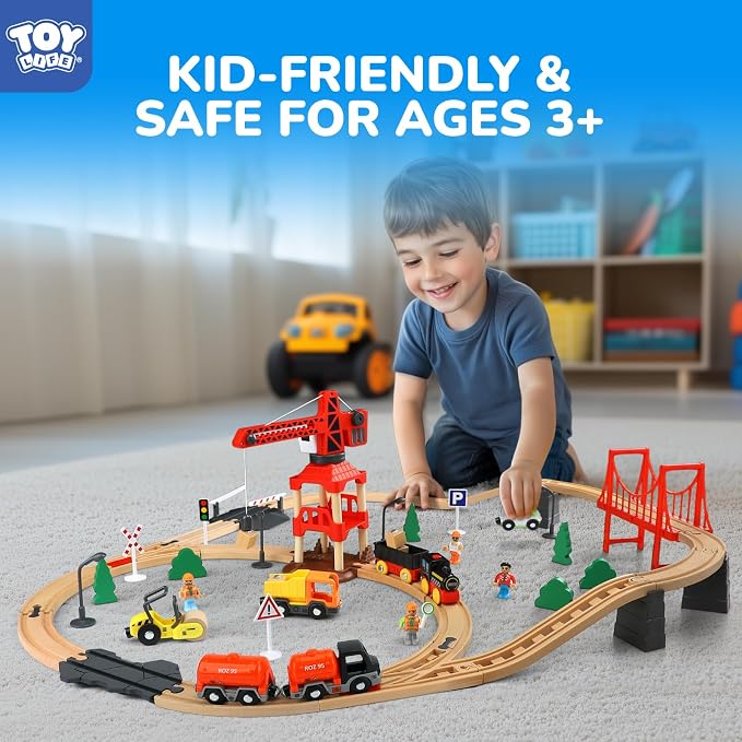 TOY Life Train Set 81pcs with Crane & Locomotive Train Toy, Wooden Train Tracks Toys for Toddlers Boys Girls 3 4 5, Wood Toys Gift Toddler Train for Kids 4-8 - Fits Thomas Brio Chuggington