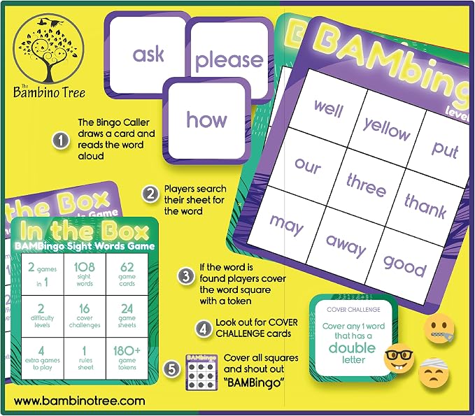 THE BAMBINO TREE Sight Word Bingo Game Level 3 & 4 - Learn to Read Vocabulary for 1st 2nd 3rd Grade Kids - Dolch's Fry's Site Words Reading Game