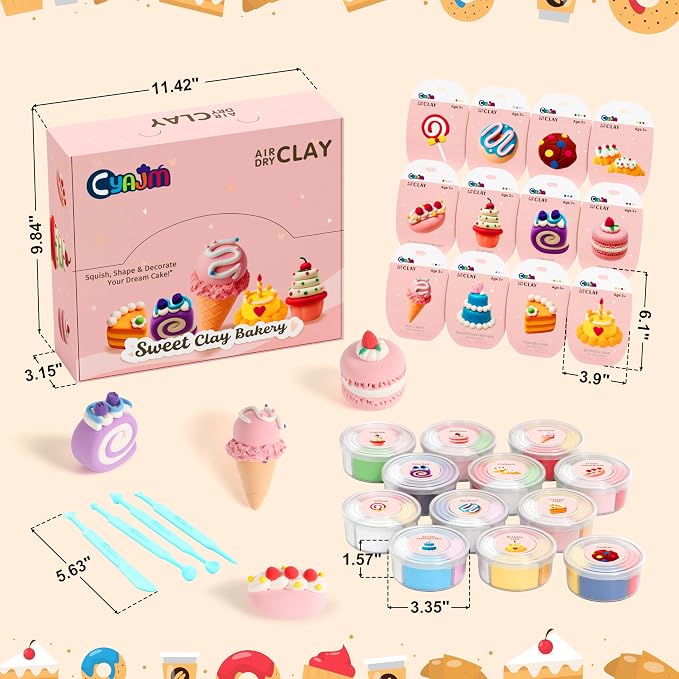 12-Color Air Dry Clay, Dessert-Themed Ultra-Light Clay, Kids 3+ | Ideal for dessert-themed pretend play, DIY crafts, & party favors. Designed for kids 3+, toddlers, preschoolers, boys & girls