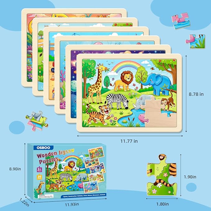 6-Pack Wooden Puzzles for Kids Ages 3-5, 30 Piece Jigsaw Puzzles Puzzles for Kids Ages 4-6, Education Preschool Sets Games for Boy Girl 3 4 5+ Years Old
