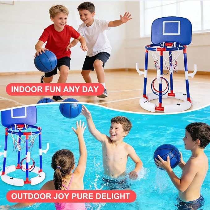 2-in-1 Floating Pool Basketball Hoop Set,Blue Swimming Pool Basketball Hoop with Backboard,4 Balls,6 Rings & Pump,Water Basketball Hoop for Pool Party Fun & Outdoor Indoor Pool Toys