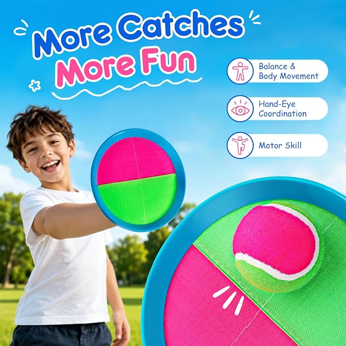 Toss and Catch Ball Game Set, Upgraded Sticky Paddle Ball Set for Kids & Toddlers, Sturdy & Water-Resistant Outdoor Backyard Beach Pool Toy, Birthday Gift for Boys Girls Ages 3-12
