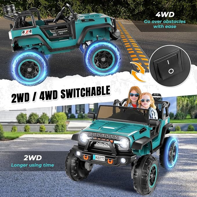 Hikole Two Seater Kids Ride on Car with Remote Control, 4WD/2WD Switchable Truck, 20" Spacious Seat, 4xSpring Suspension, Music, 4x75W 5.9MPH, 24 Volt Electric Car for Big Kids - Teal
