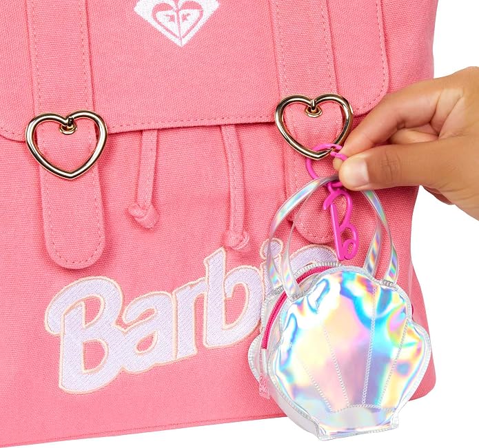 Barbie Clothes Set, Beach-Themed with Swimsuit, 5 Acessories & Zippered Doll-Sized Shell-Shaped Bag with Clip-On Ring, Iridescent