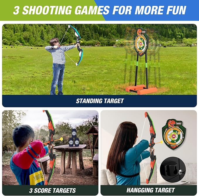 HYES 2 Pack Bow and Arrow with Moving Target for Kids, LED Light Up Archery Set with 24 Suction Cup Arrows, 6 Score Targets & 2 Quiver, Indoor Outdoor Sport Gifts for Boys Girls Ages 4-12