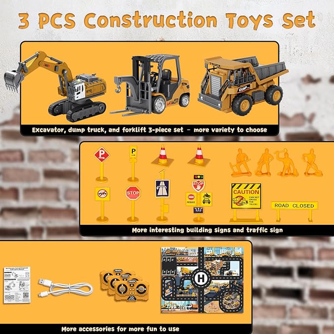 RC Construction Vehicles Toys Set 3 in 1 with Mini Excavator Dump Truck Forklift Real Lights & Sounds and Movable Parts & Traffic Sign Construction Site Map USB Charge Birthday Gifts for Kids Adults
