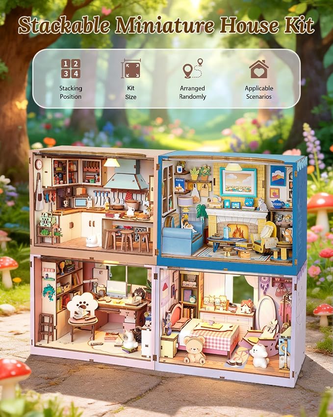 DIY Miniature House Kit-Study Room, 3D Wooden Puzzles with LED Light Tiny House Mini House Building Kit for Adults, Wooden Adults Crafts Birthday for Parents Friends