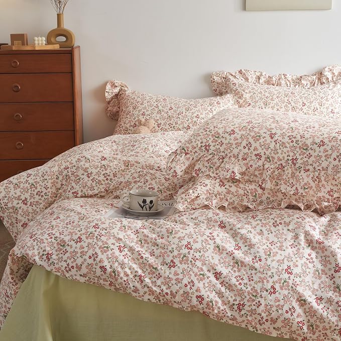 LifeTB Pink Flower Comforter Set Queen Floral Printed Aesthetic Bedding Set Vintage Garden Style Floral Comforter with 2 Pillowcases Girls Cute Flower Botanical Bedding Queen Bed Comforter Set