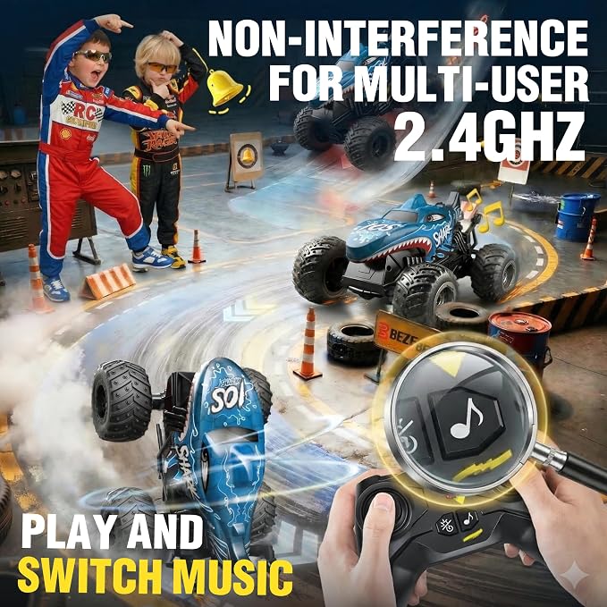 BEZGAR 1:20 Shark Monster Truck Toys, 360°Stunt RC Cars Rotation Monster Trucks with Music, 2 Batteries and Wireless LED Strobe Lights, Remote Control Car for Boys 4 5 6 7 8 9 Years Old(Blue)