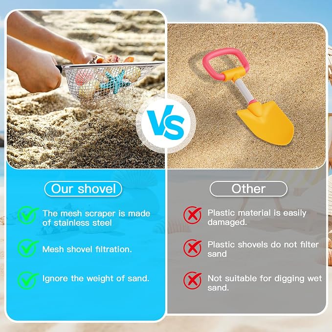 Beach Mesh Shovel for Shell Collecting, Stainless Steel Sand Sifter Scoop for Kids, Sand Scooper Beach Toy for Seashells, Shark Teeth, Sea Glass & Treasure Hunt, Black