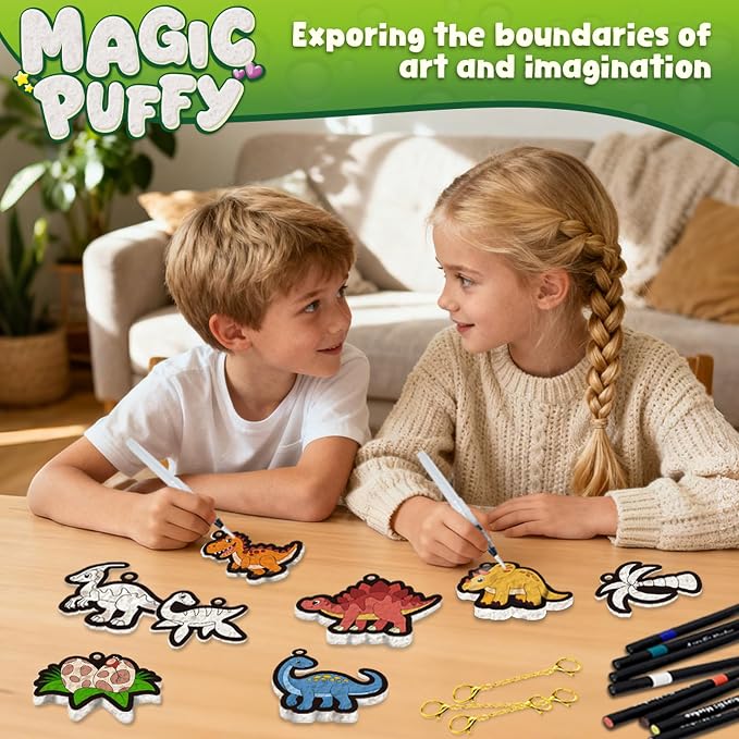 MZYTOZA 3D Art Kit Aqua Magic Puffs Dinosaur - Double-Sided, 15 Mess-Free Paint by Number Craft for Kids, Christmas Gift Idea & Stocking Stuffer, Art Projects with Puff Markers