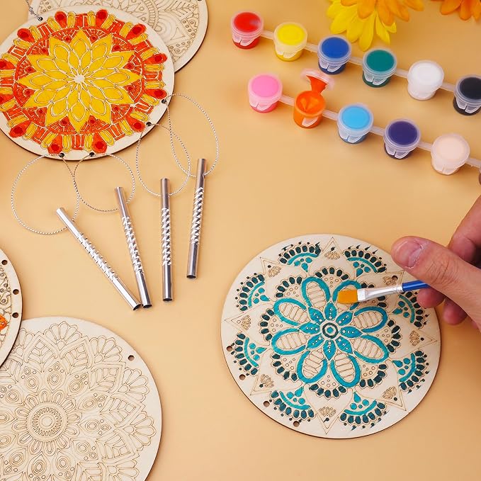 HOTPLACY 24 Sets Mandala Wind Chimes Craft for Kids | DIY Wood Hanging Bulk Ornaments, Painting Craft, Color Your Own, School Home Party Activity Project Decor