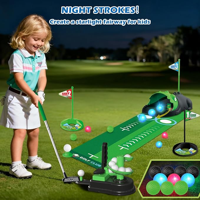 TERRAMUS Upgraded Kids Toy Golf Set, 3 in 1 Golf Toys with Dinosaur Automatic Ball Returner & Ball Launcher Led Light Up Balls, Mini Golf Toy for Ages 3-8, Indoor Outdoor Sports Gift for Boys Girls