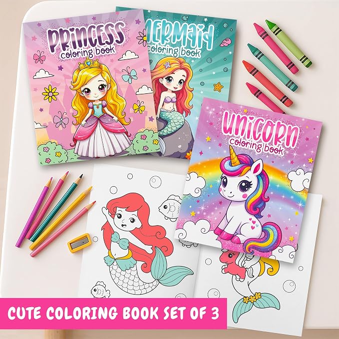 Fun Coloring Books for Kids Set of 3 - Cute Princess, Unicorn & Mermaid Coloring Book for Girls Ages 4-8 - Easy to Color Toddler Gift for Travel w Magical Themes for Your Creative Little Princess 1-3