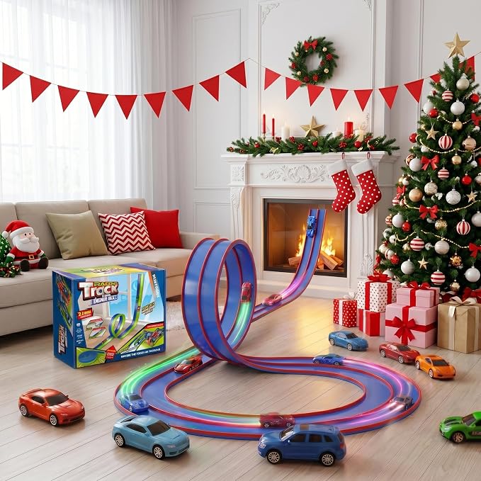 Flexible Tracks 15 Ft Flex Race Car Track for Kids Toy-DIY Car Track Set with 1/64th Rebound Cars Portable Rolls Up Race Tracks with Strong Suction Cups-Great Gifts Toys for Boys Girls Ages 3+