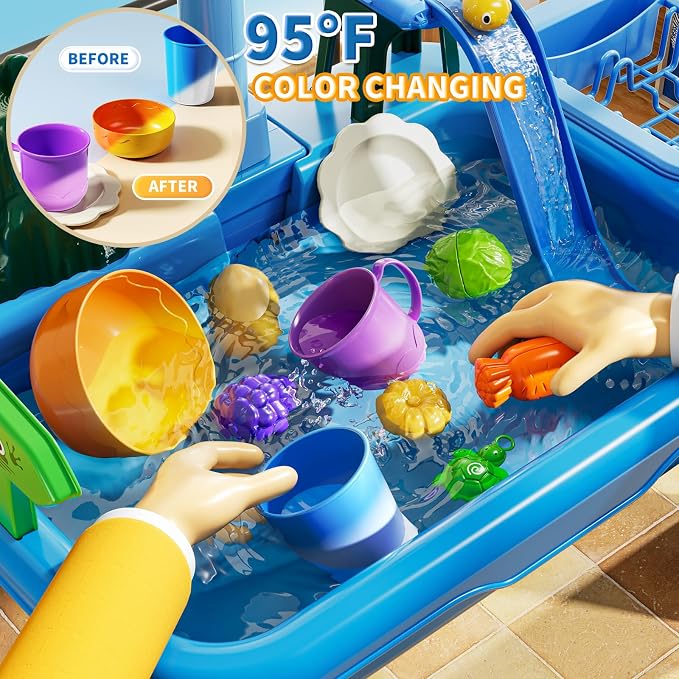 Water Table Play Sink Toy for Kids 2 3 4 5 6 Years Old - Outdoor Kitchen with Running Water, Fishing Games, Toddler Water Play Table for Kids Ages 3-8, Beach Outdoor Toys, Birthday Gifts 2+ 3-5 (Blue)
