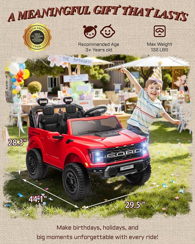 First Ride On 24V 2 Seater Ride on Toys for Kids, Licensed Ford F-150 Raptor Kids Electric Vehicles w/Remote Control, Power Pedal and Durable Wheels, LED Lights, Bluetooth, Truck Bed Storage (Red)