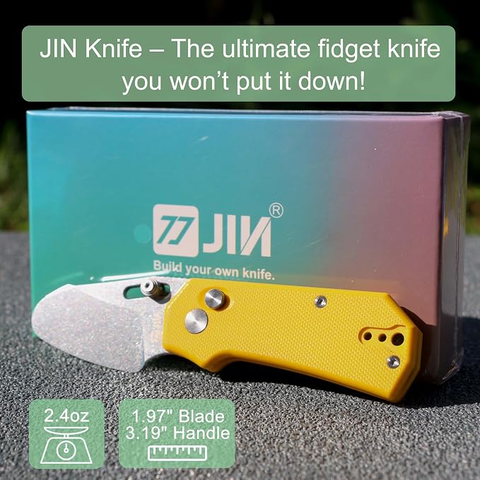 JIN Rhino Jr. Kids Pocket Knife, DIY Knife Kit, Fidget Toy Knives, 1.97” Unsharpened Steel Blade, Rounded Tip, Button Lock Folding EDC, Yellow G10 Handle