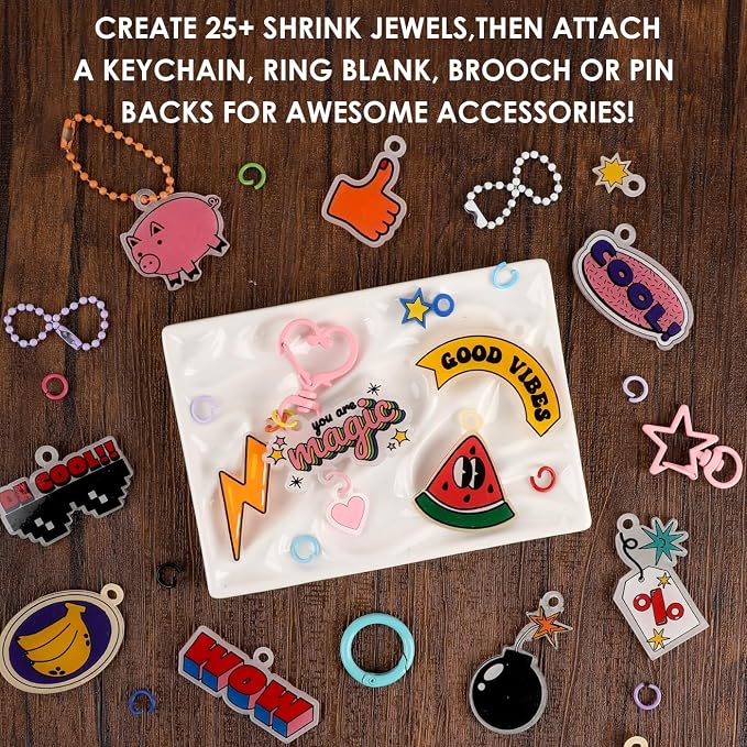 Grabie DIY Shrink Art Craft Kit Jewelry Making Kit for Kids Adults, 25+ Pre-Cut Shapes, 5 Dual-Tip Markers, Custom Charms, Pins, Rings, Keychains (Retro Vibes - Beginner Friendly)