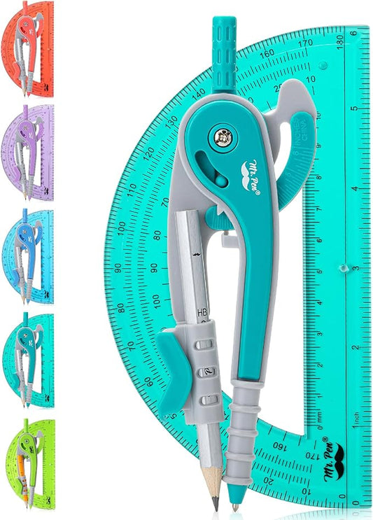 Mr. Pen- Geometry Compass and Protractor Set, 6 Inch Compass | 6 Inch Protractor, Drawing Tool for School, Clear Plastic, Easy Grip, Precision Design for Math, Art, Drafting, Architecture