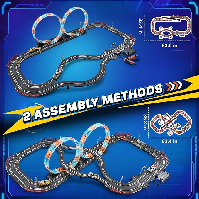 Boy Toys Gifts for 6 7 8-12 Years Old, Slot Car Race Track Sets with 4 Slot Cars, Battery or Electric Car Track with Flash Light, Dual Racing Game Lap Counter Circular Overpass Track Gifts for Kids