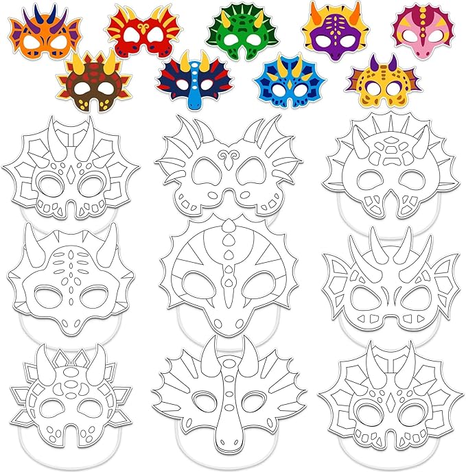 Lonfliness 36 Set Dinosaur Coloring Mask Dino Paper Arts Crafts Color Your Own Dinosaur Blank DIY Mask Masquerade Birthday Party Dress-Up Decorations Favor Activity Game Supplies