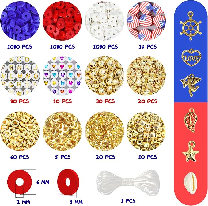 Redtwo 4th of July Red White and Blue Clay Beads Bracelet Making Kit with USA Letter Beads, Patriotic Beads for Jewelry Making for Independence Veterans Day Party Favors, DIY Gifts with America Flag.