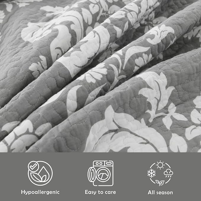 King Size Quilt Set - 100% Cotton Grey Quilt Set, Gray Floral Pattern Farmhouse Bedspread Set, King Lightweight Reversible King Quilt Bedding Set for All Season,Gray Grey White, 3-Piece