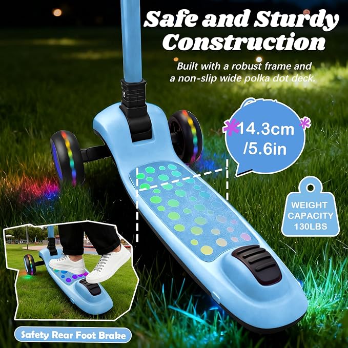 Light Up 3 Wheel Kick Scooter for Kids Toddlers with LED Sync Lights, Flashing Stem & Wide Polka Dot Deck Adjustable Height Music Function Safe Sturdy Folding Scooter for Kids