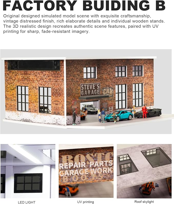 1/64 Scale Display Case Car Garage Model, Factory Building Cover Diecast Diorama Box Decorative Miniature Scene with LED Light for Toy Car Display and Storage