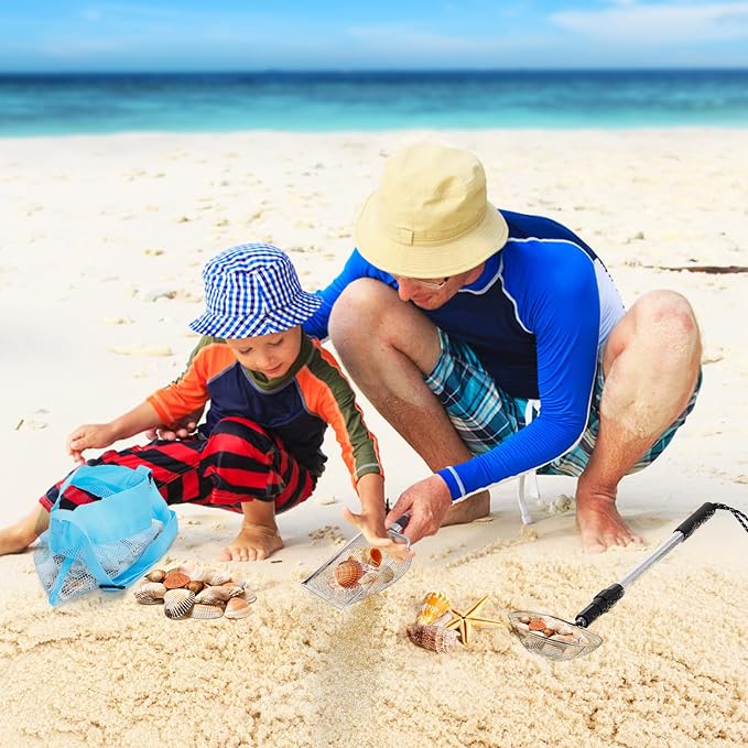 Biggun 2 Pack Shark Tooth Sifter with Seashell Bags, 21.8in~34in Adjustable Sand Sifter & Beach Shovel, Beach Sand Toys for Kids Adults Picking Up Shells Girls Boys Gifts