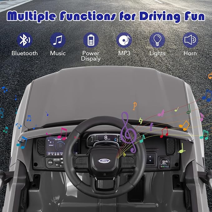 Licensed Ford Ranger Ride on Pickup Truck by INFANS, 12V Battery Powered Electric Vehicle for Kids with Remote Control, Headlight, Power Display, Bluetooth, MP3, Music, Aged 3-6 Years (Gray)