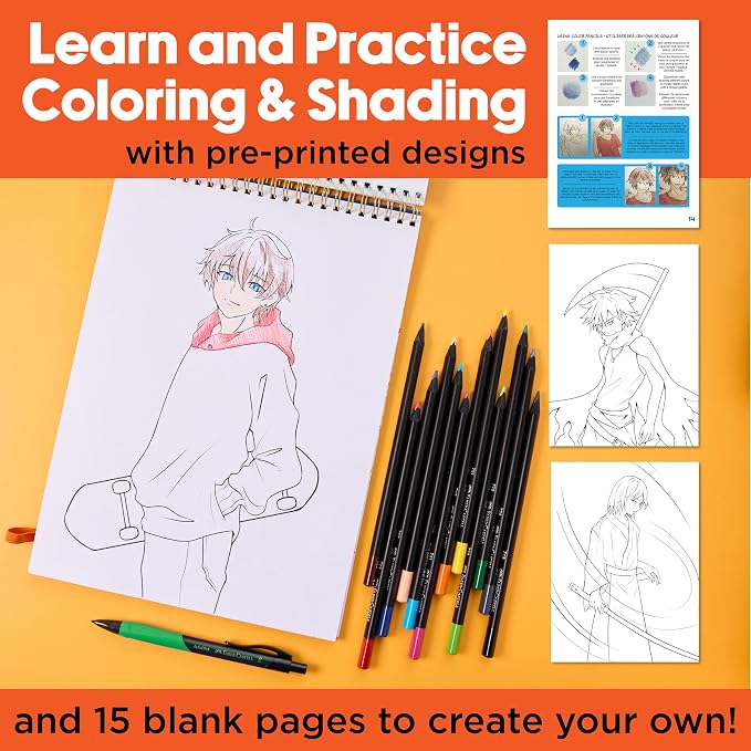 Faber-Castell Anime Drawing Kit: Shonen Edition | Step-by-Step Instruction Book with 20 Practice Pages, Color Pencil Set & Drawing Supplies for Kids, Summer Craft Supplies (1 Book)