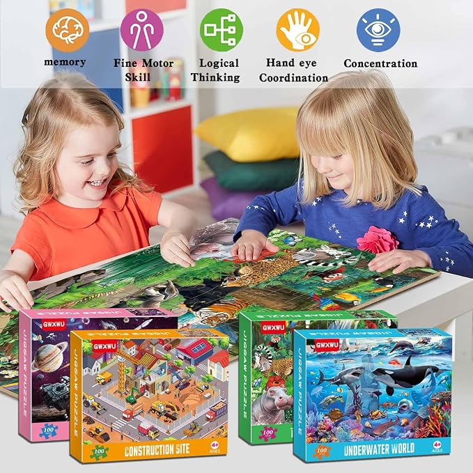 100 Piece Puzzles for Kids Ages 4-6 - Jigsaw Puzzles for Kids Ages 6-8 8-10 100 Piece Jigsaw Puzzle for Adults Toddler Children Learning Educational Puzzles Toys Gifts for Girls Boys 4-Pack