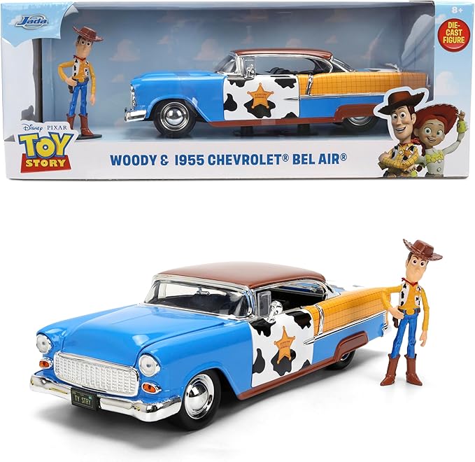 Jada Toy Story Woody 1955 Chevrolet Bel Air Die-Cast Car with Figure 1:24 Scale – Hollywood Rides Collectible Toys