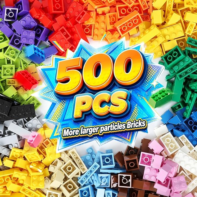 Building Bricks Compatible with Lego Classic, 500 Pieces Basic Bulk Building Blocks in Random Color