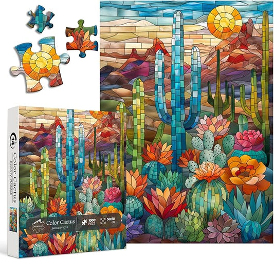 Cactus Puzzles for Adults 1000 Pieces and up, PICKFORU Stained Glass Puzzle Including Mosaic Art Cactus, Colorful Succulent Puzzles for Plant Lovers
