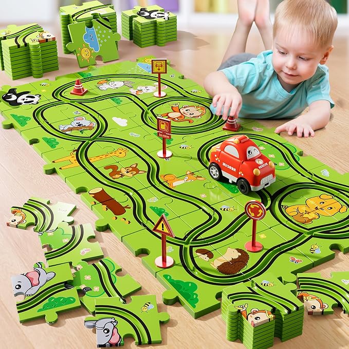 Bennol 39PCS Puzzles Race Tracks Car Toys for 1 2 3 4 5 Year Old Boys Toddlers, Cars Gifts Puzzle Set with Race Track, Toddler Car Toy Set for Kids Boys Girls