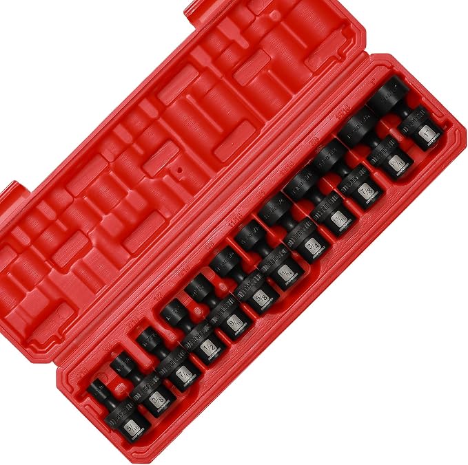 MIXPOWER 3/8" Drive Shallow Impact Universal Joint Swivel Socket Set, SAE, 5/16" - 1", Shallow, Flexible Wobble, Chrome Molybdenum Steel, 12 Pieces Set